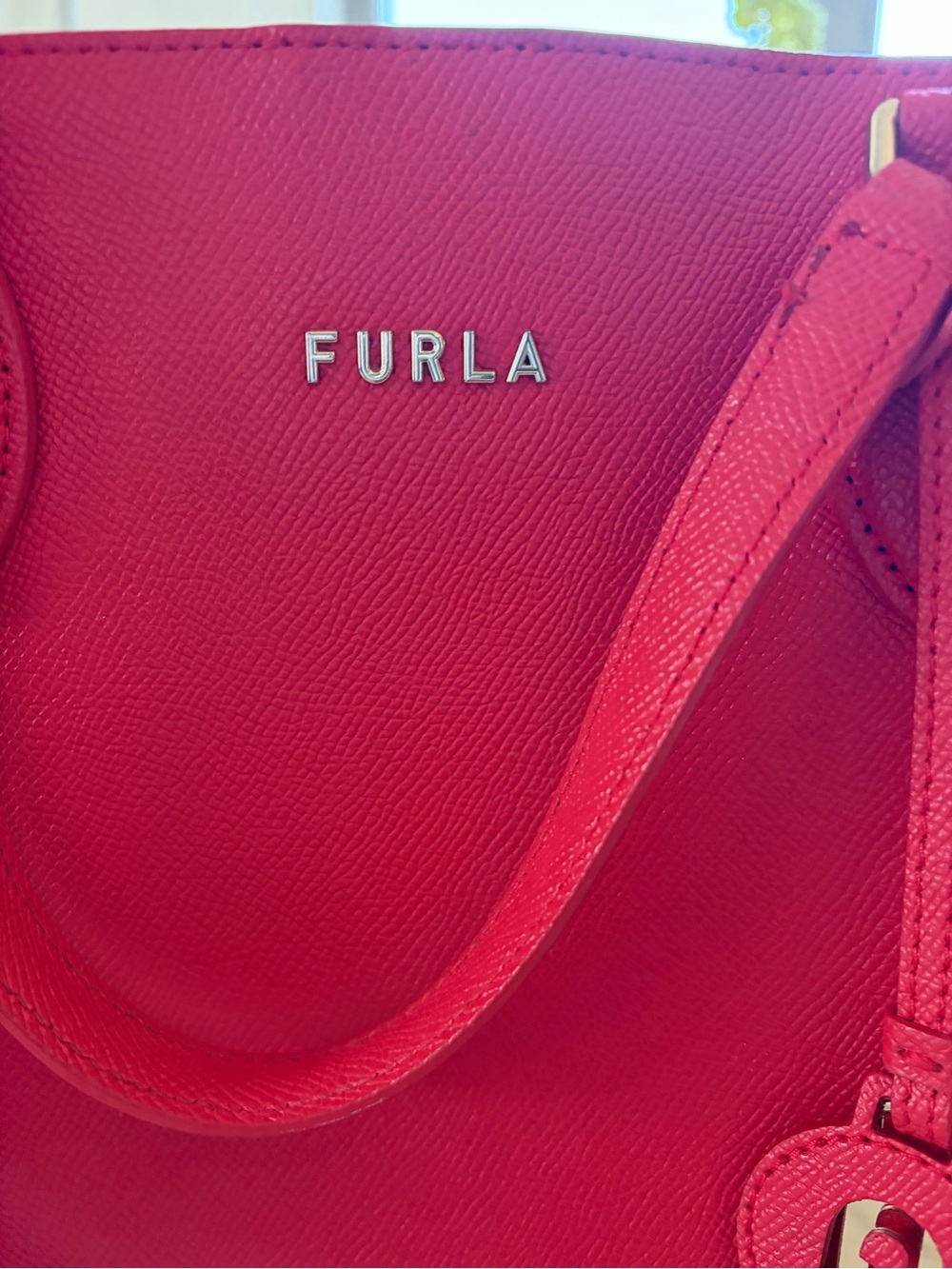 Furla Red Leather Double-Compartment satchel purse with Gold Hardware - Picture 3 of 7